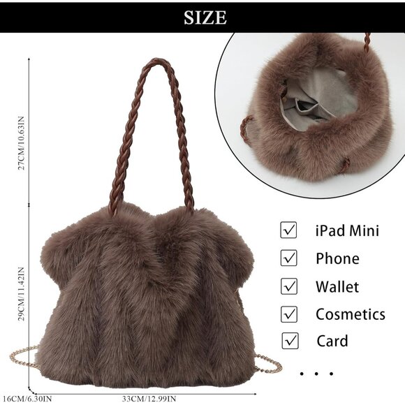 Women Winter Fuzzy Faux Fur Tote Bag Crossbody Coffee - Picture 4 of 8